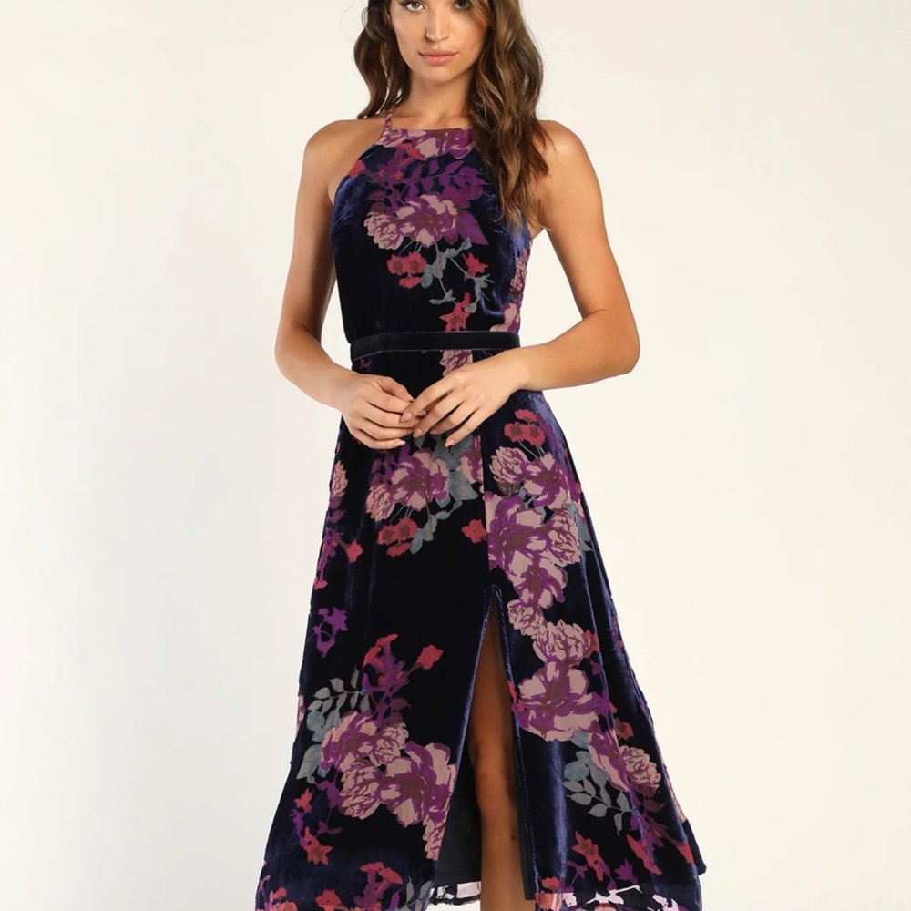 Endearing Style Navy Blue Floral Print Burnout Velvet Midi Dress